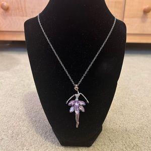Ballerina Figure Silver-Tone Amethyst Necklace With Rhinestones